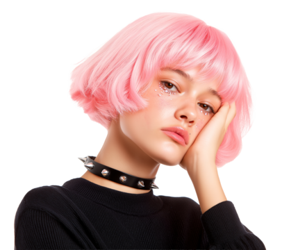 Young girl with pink hair and studded collar rests her head on her hand looking pensive she has glitter makeup and is wearing a black sweater against a transparent background