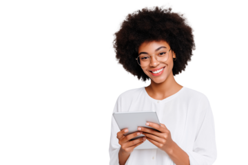 Cheerful african american woman smiles while holding a digital tablet and looking at the camera against a transparent background she is wearing glasses and a white blouse