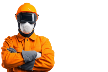 Confident construction worker stands with arms crossed wearing protective equipment on a transparent background demonstrating safety and professionalism within the industry