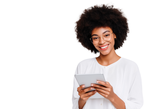 Cheerful african american woman smiles while holding a digital tablet and looking at the camera against a transparent background she is wearing glasses and a white blouse