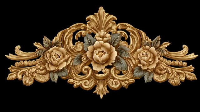 Intricate golden floral ornament with stylized peony flowers and decorative swirls on black, a rococo baroque inspired design element