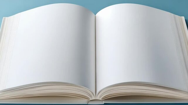 Opened blank hardback book displaying empty white pages against light blue background for writing text or drawing illustration