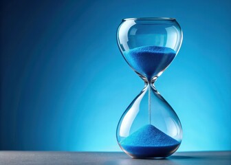 hourglass with falling blue sand measuring time on blue background