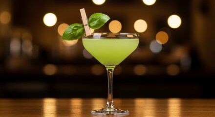 Elegant light green cocktail with basil garnish in stemmed glass at upscale bar setting