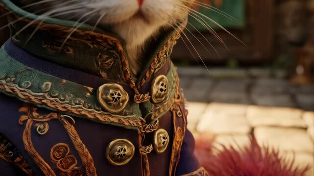 Close-up of a regal cat wearing a decorative hat and jacket with buttons, in a whimsical portrait with detailed textures and soft lighting.
