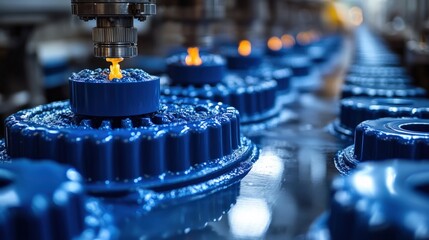 High precision manufacturing process with blue gear components and assembly line automation