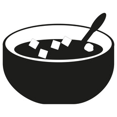Silhouette food bowl. Spoon inside shape. Cubes in liquid. Dark vector dish.