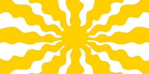 Groovy sun background. Wavy yellow sunny rays. Sunlight, sunrise or sunset poster. Summer theme wallpaper. Modern psychedelic print. Happy positive vibes concept. Vector flat illustration.