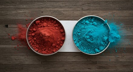 two bowls of colored powder on a wooden surface