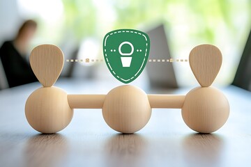 Interconnected Wooden Figures Protected by Abstract Shield Icon
