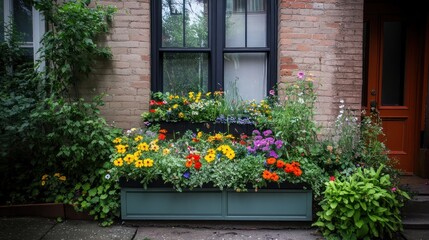 Naklejka premium Vibrant flower boxes adorn a brick building facade