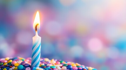 Close-up of a single birthday candle glowing