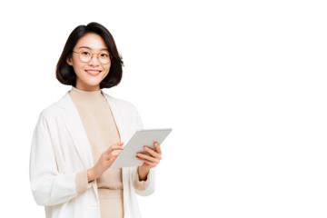 Smiling Asian woman in glasses holds a tablet computer wearing a white blazer and beige turtleneck She looks directly at the camera with a modern and happy expression