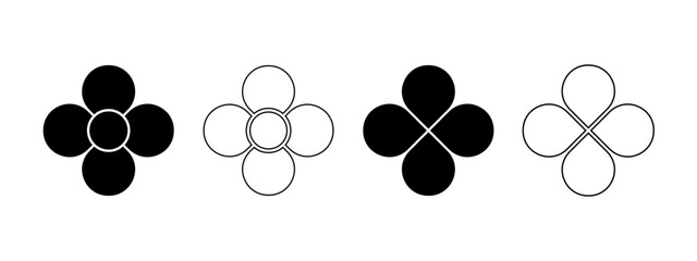 Set of flowers with 4 petals and core. Floral pie charts divided on four equal parts in leaf shapes isolated on white background. Templates for data presentation. Vector graphic illustration.