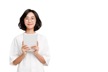 Smiling Asian woman in glasses holding a tablet She wears a white shirt and looks directly at the camera with a friendly expression and natural lighting for a modern feel