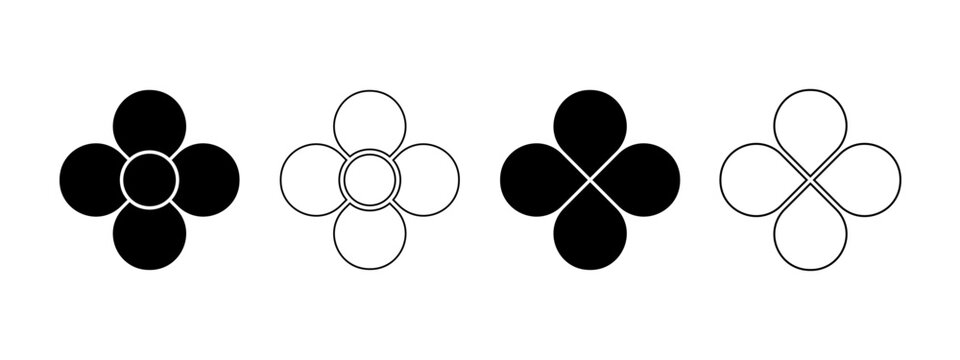 Set of flowers with 4 petals and core. Floral pie charts divided on four equal parts in leaf shapes isolated on white background. Templates for data presentation. Vector graphic illustration.
