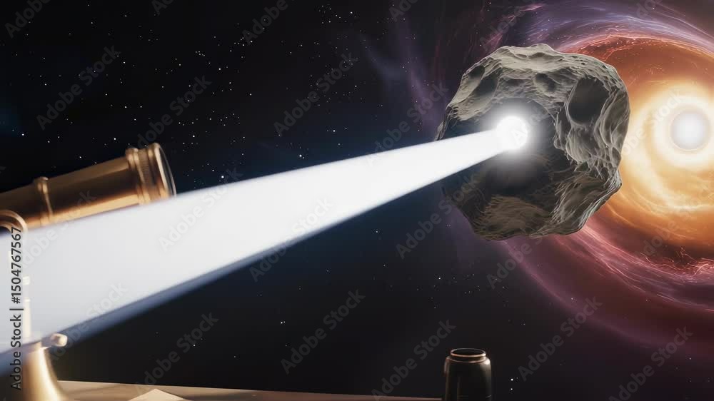 Wall mural powerful telescope beams light towards a large asteroid floating in deep space, set against a backdr