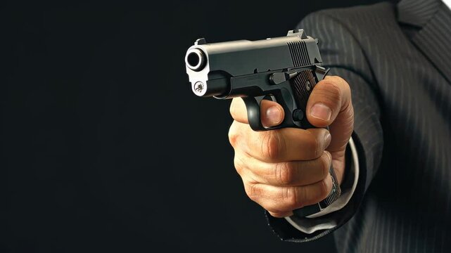 Dangerous Encounter: A hand firmly grips a handgun, its cold metal glinting in the light against the backdrop. This striking image evokes a sense of anticipation and potential conflict.