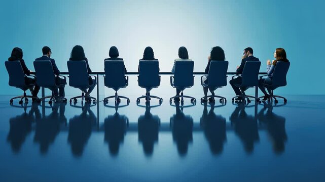 Corporate Conclave: A group of corporate figures sits around a sleek table in a contemporary meeting room, engaging in focused deliberation, illuminated by a subtle, professional atmosphere. 