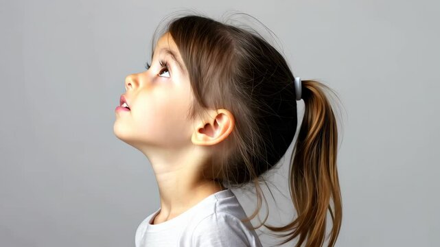 Child's Upward Gaze: A young child, with hair pulled back in a neat ponytail, gazes upwards, head slightly tilted, creating a portrait of wonder and curiosity against a soft background.