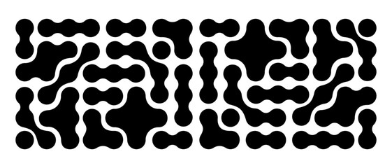 Metaball pattern. Black liquid drops or amorphous shapes isolated on white background. Organic blobs or molecules texture. Modern abstract print with connected dots. Vector graphic illustration.