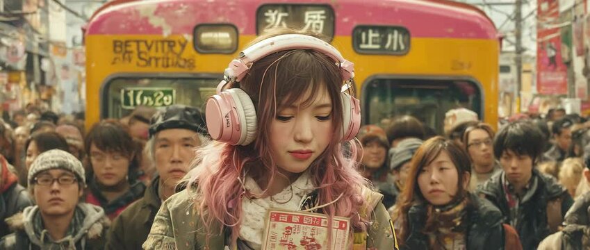 Girl with pink headphones walks through a Tokyo crowd, fully absorbed in her own world, captured with steady front-facing dolly shot through busy urban street.