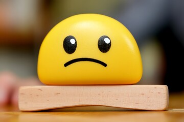 Sad Emoji Figurine on Wooden Block