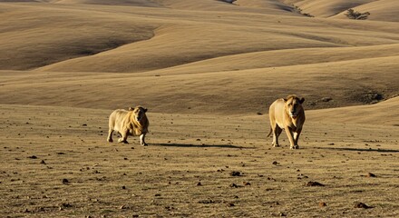 two cows walking in a field of dry grass