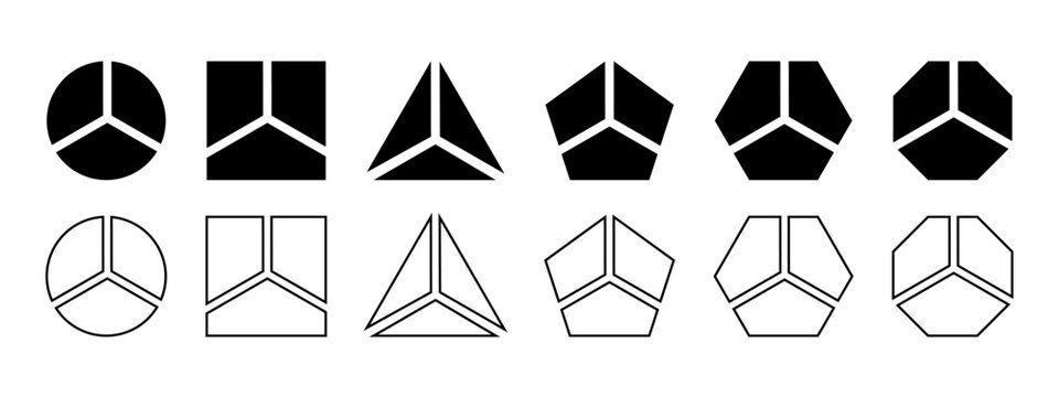 Basic geometric shapes divided into 3 parts isolated on white background. Round, square and triangle, pentagon, hexagon and octagon shapes cut in three equal clices. Vector graphic illustration.