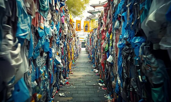 Colorful Bales of Recycled Materials in Urban Setting