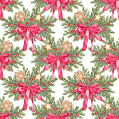 Watercolor seamless pattern with Christmas tree branch with gingerbread snowflake and star and berry with red bow on white background. Forest art for New Year celebration wallpaper or wrapping