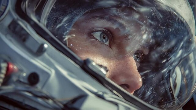 Astronaut helmet visor facing space debris impacting surface while gazing into cosmic vastness, experiencing weightless moment of scientific exploration