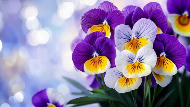 Pansy blossoms: A close-up shot unveils a vivid arrangement of pansy blossoms, their velvety petals a canvas of deep purple, creamy white, and golden yellow hues, set against a soft.