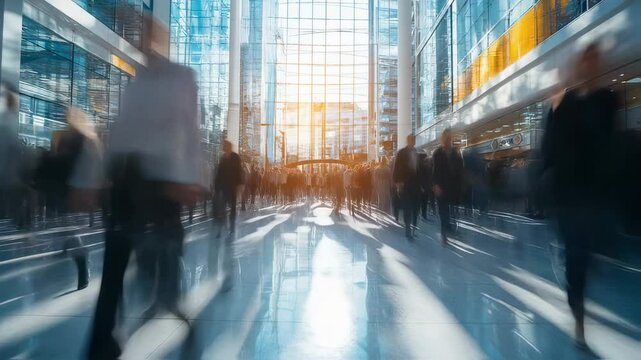 Blurred Motion of Commuters in a Modern Business Building with Glass Fa?ade