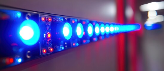 Illuminated blue led strip array with red accent lights in perspective