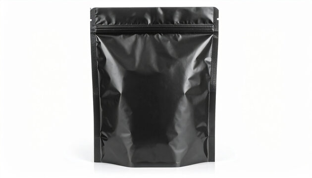 Sleek glossy black poly mailer bag stands upright, its surface shimmering in light, showcasing modern and stylish design perfect for packaging