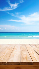 Fototapeta premium A wooden deck overlooks a pristine tropical beach with soft white sand and crystal-clear turquoise water under a bright blue sky filled with scattered clouds.