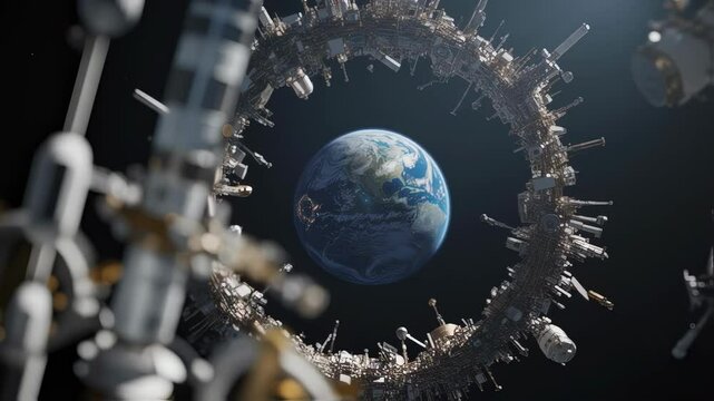 Futuristic orbital station slowly rotating around planet earth, with solar panels and various modules visible, offering a breathtaking view of space exploration and technological advancement