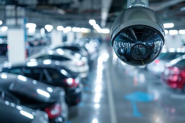 Fototapeta premium CCTV security camera or surveillance system in car park with blur background