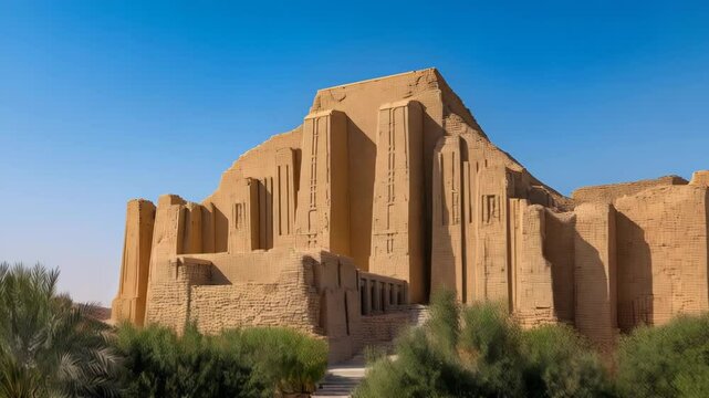 Ancient ziggurat in Mesopotamia with steps and pathways leading up to the weathered temple under a cloudless blue sky