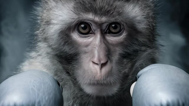 Gray primate with boxing gloves in a fighting stance, portrait of determined monkey ready to box on dark background