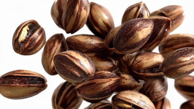 Pile of Whole Tiger Nut Sedges on Bright White Background, Showing Striped Shells and Dark Interior Kernels