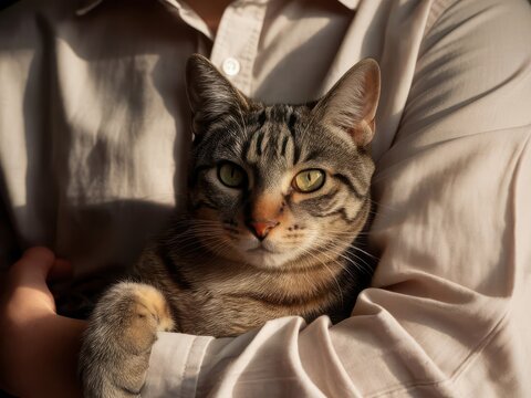 Intimate moment with tabby cat nestled in the arms of its owner tenderly