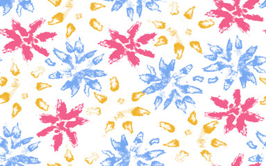 Fototapeta premium Cute botanical seamless pattern with abstract ink hand drawn red, blue, yellow daisy flowers. Sketch vector floral print with brush stroke blossoms for textile, surface design, wallpaper