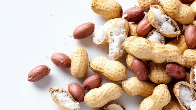 Close-up of shelled and unshelled raw peanuts scattered across a bright white surface, displaying various textures and colors.