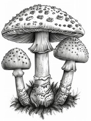 Cluster of Mushrooms Botanical Line Drawing


