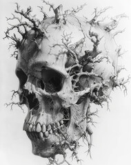 Surreal Skull with Tree Branches in Pencil Drawing

