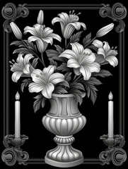 Elegant Black and White Floral Vase with Candles

