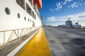 Cargo Ship Docked at Port, Yellow Line Perspective