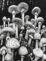 Field of Mushrooms Line Drawing Illustration